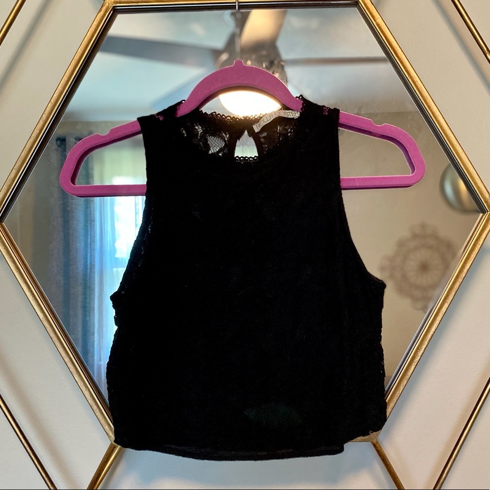 Medium black lace halter crop top see through back